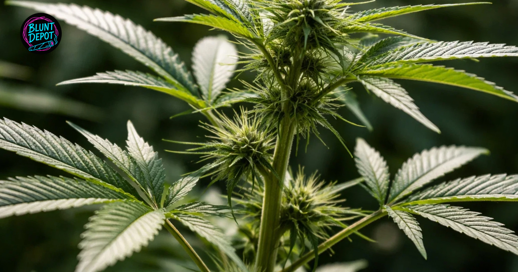 Cured Cinderella 99 cannabis buds resting on a wooden surface next to a metal grinder and smoking accessories.