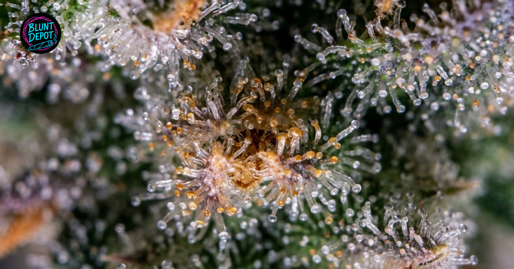 Cured Gelatti cannabis flower sitting on a wooden surface next to a metal grinder and smoking accessories.