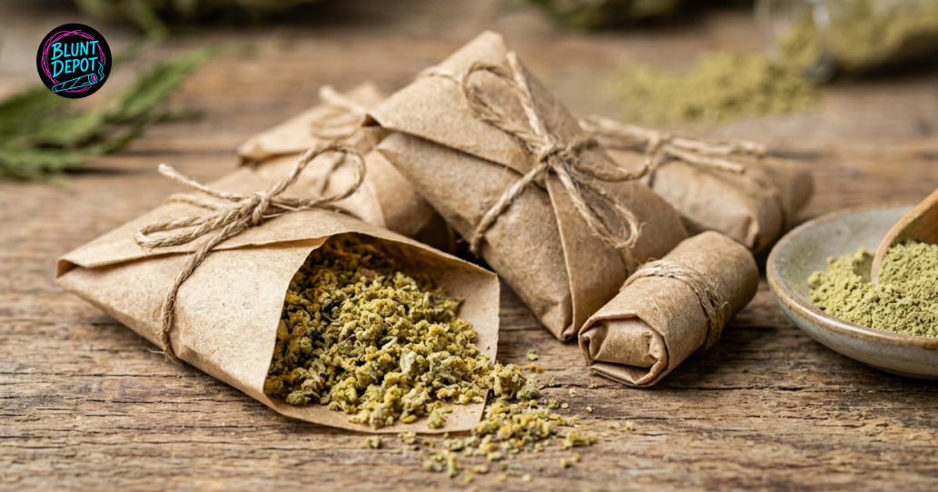 Several brown paper packages of Moby Dick cannabis flower sitting on a rustic wooden table.