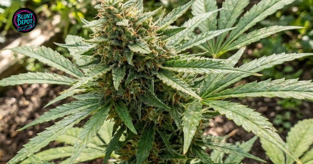 A mature Agent Orange weed strain flower growing on a plant with prominent orange hairs and frosty leaves.