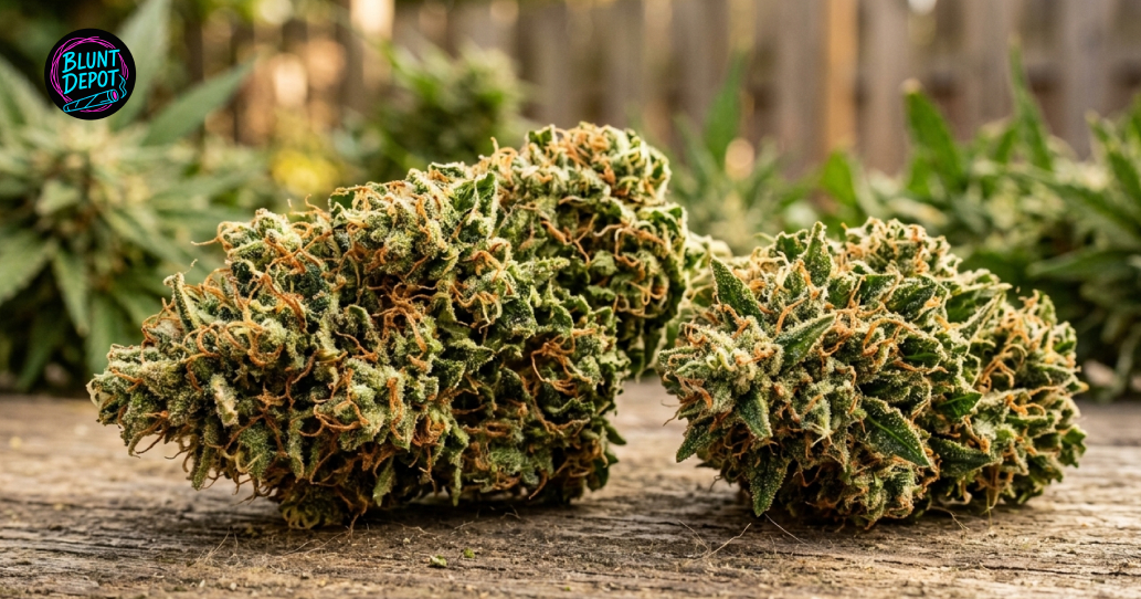 Several large, well-trimmed Lemon Kush cannabis buds resting on a rustic wooden surface.