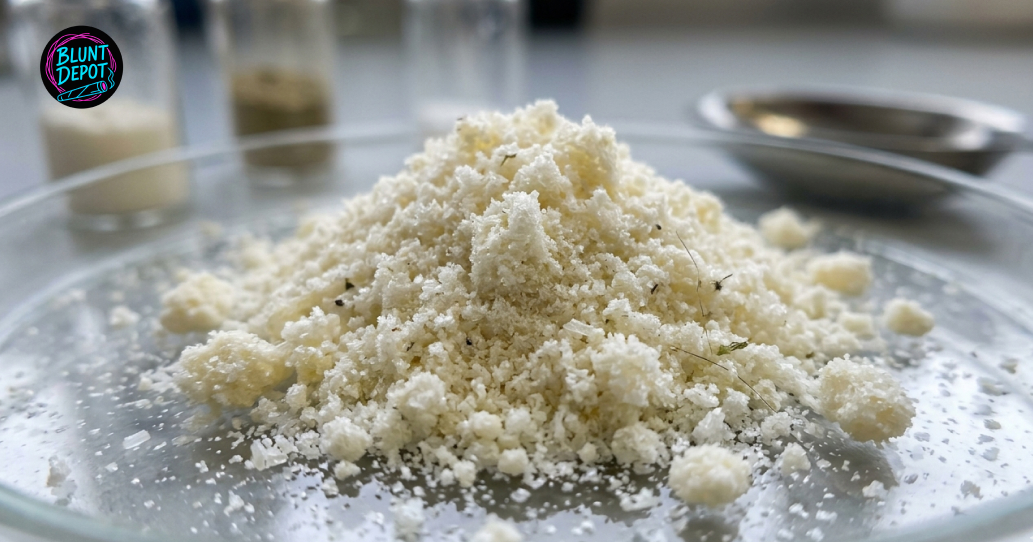 Two large, manicured King Tut cannabis buds resting on a wooden surface.