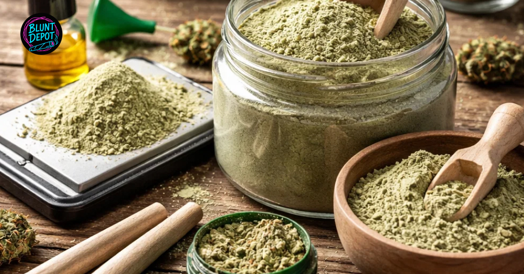 Ground Watermelon Gelato cannabis and kief displayed on a wooden surface with laboratory glassware.