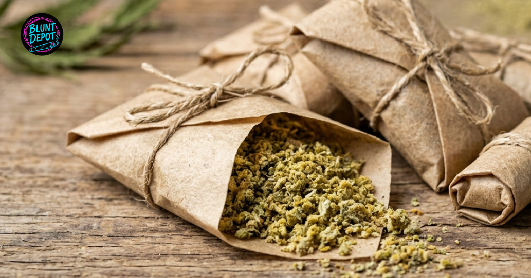 Ground Scooby Snacks weed strain flower neatly packaged in rustic brown paper wraps on a wooden surface.