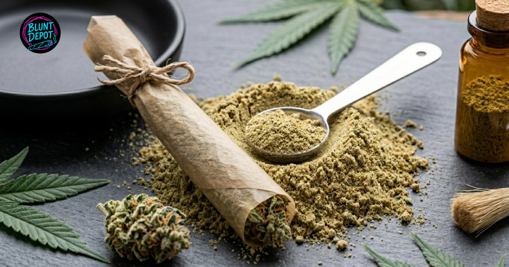 A pile of golden cannabis kief next to a rolled joint and a small bud of Jack Herer flower.