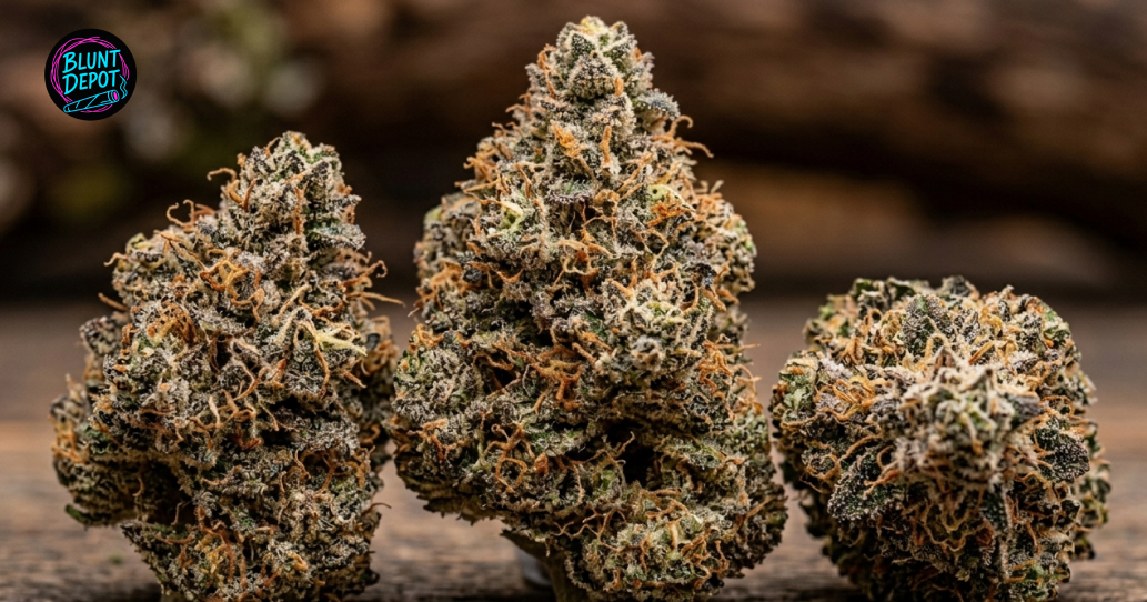 Three large, dense AK-47 hybrid cannabis buds arranged on a wooden surface.