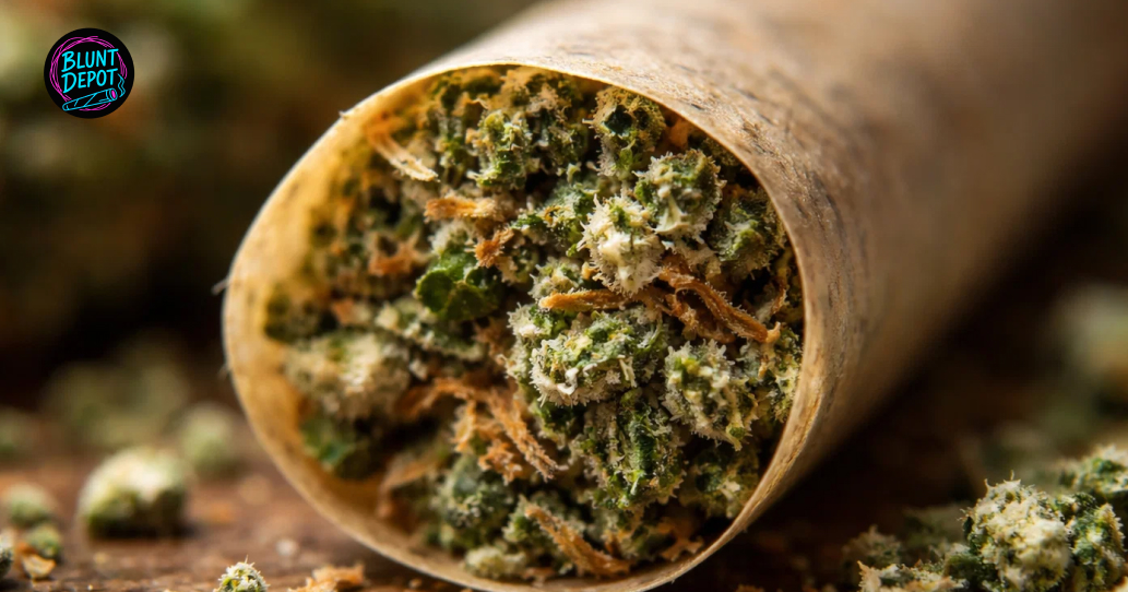 A curated display of Durban Poison strain buds, a pre-roll, and golden kief on a slate surface.