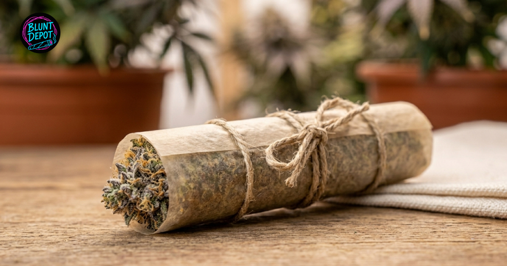 A cluster of Granddaddy Purple buds wrapped in natural parchment paper on a wooden surface.