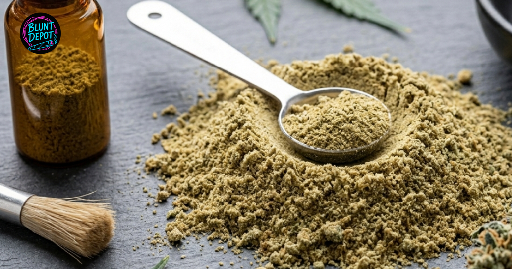 A scoop of golden cannabis kief next to a Pineapple Express flower on a slate surface.