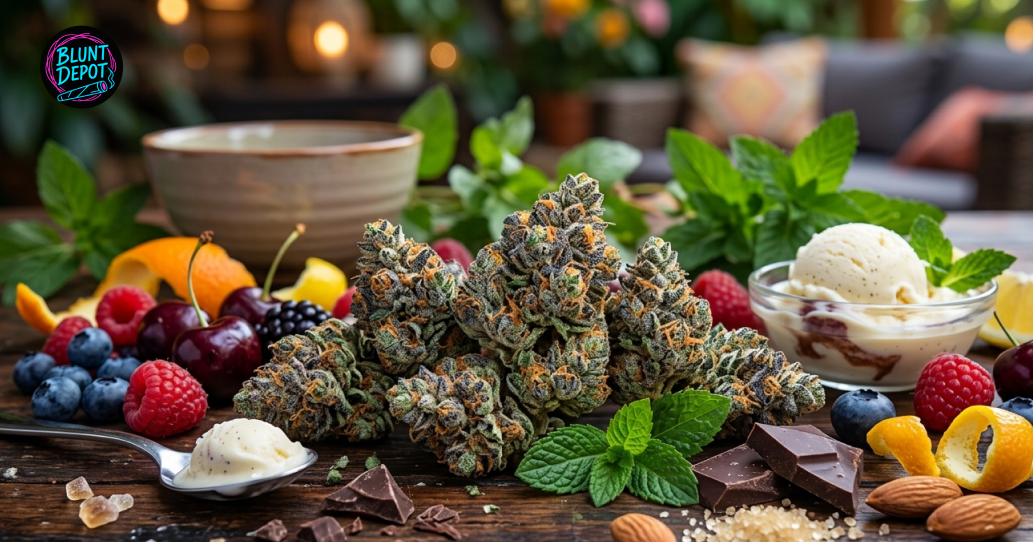 Gelato cannabis buds surrounded by fresh berries, citrus peels, dark chocolate, and mint leaves on a wooden table.
