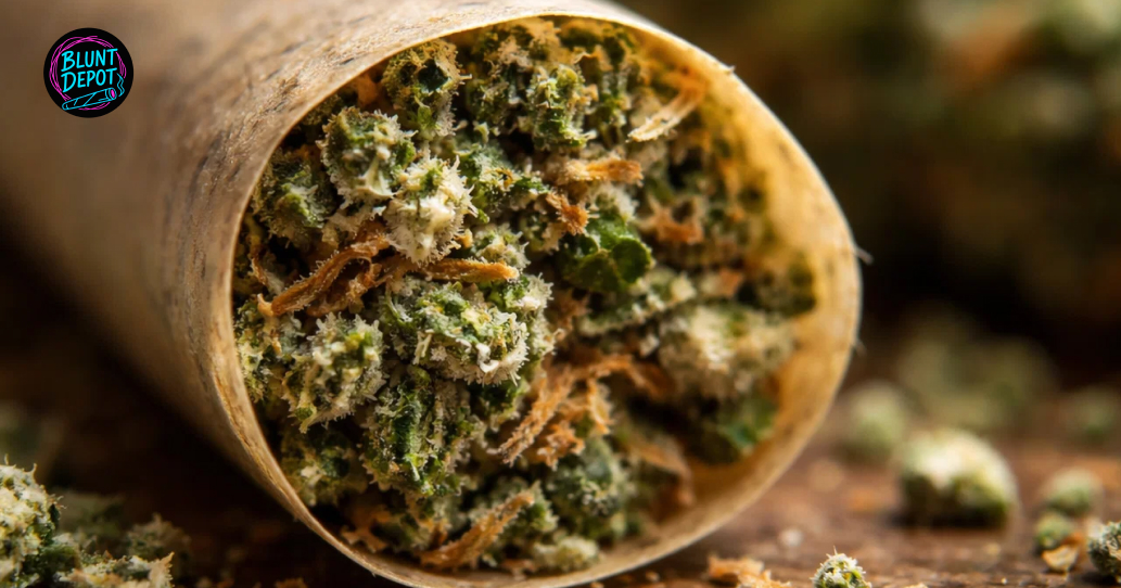 Ground Black Diamond weed strain flower packed into a rolled joint showing green and purple hues.