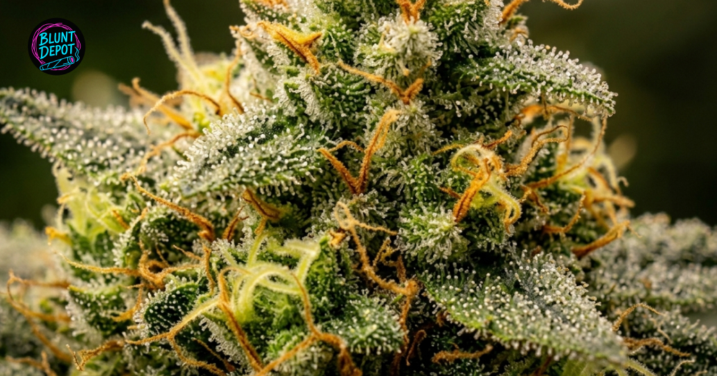 Macro photography of the Lemon Meringue weed strain showing sticky resin-rich buds and detailed plant anatomy.