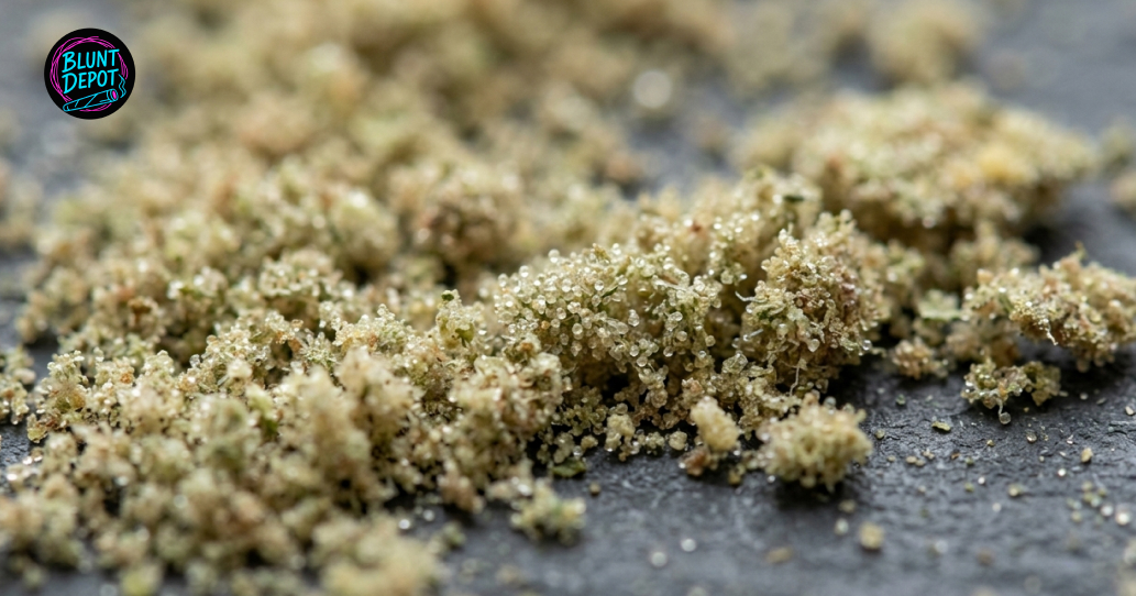 Ground Sour Tangie weed strain flower on a dark surface displaying a shimmering layer of crystalline resin.