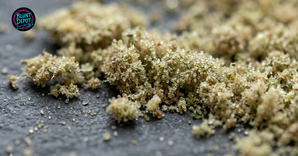 Ground Quantum Kush cannabis flower showcasing amber and milky trichome heads on a dark surface.