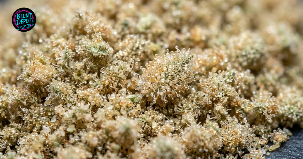 Extreme macro shot of Member Berry cannabis trichomes highlighting the resinous, sticky texture of the flower.