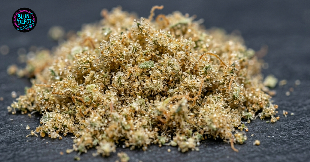 Ground Snoop’s Dream weed strain flower showcasing a high concentration of resinous trichomes on a dark surface.