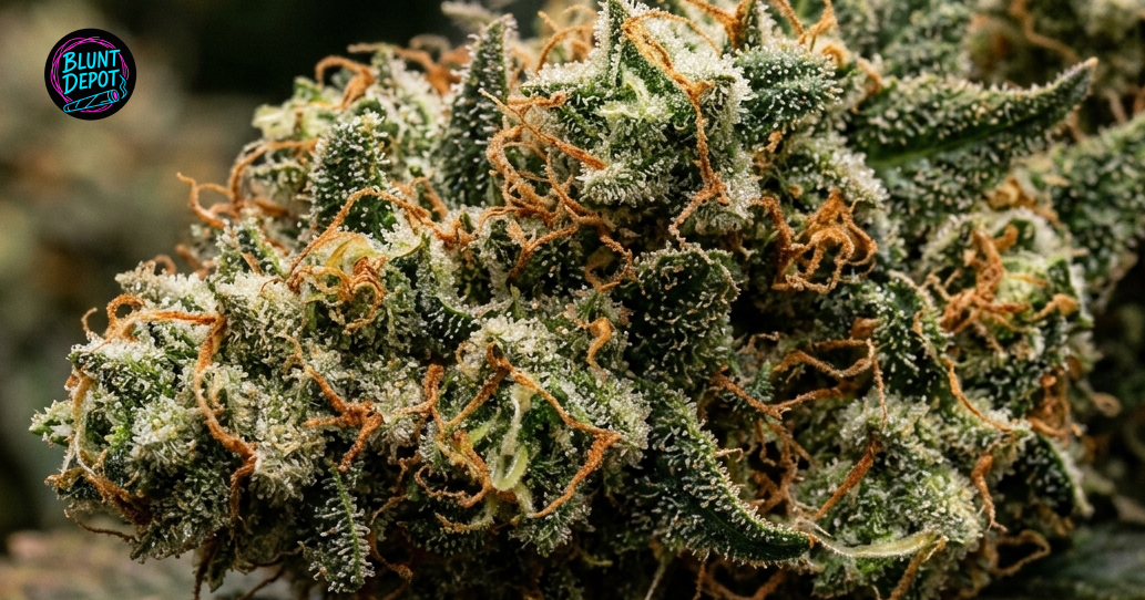 Extreme macro shot of Jesus OG cannabis flower highlighting the amber and milky trichomes on the bud.