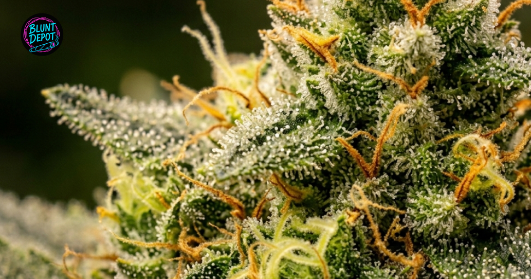 Extreme macro photography of Orange Cookies cannabis trichomes showcasing the sticky, resinous texture of the flower.