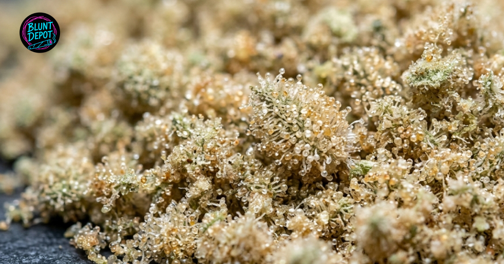 Extreme macro photography of White Buffalo cannabis trichomes highlighting the sticky, crystalline texture of the flower.