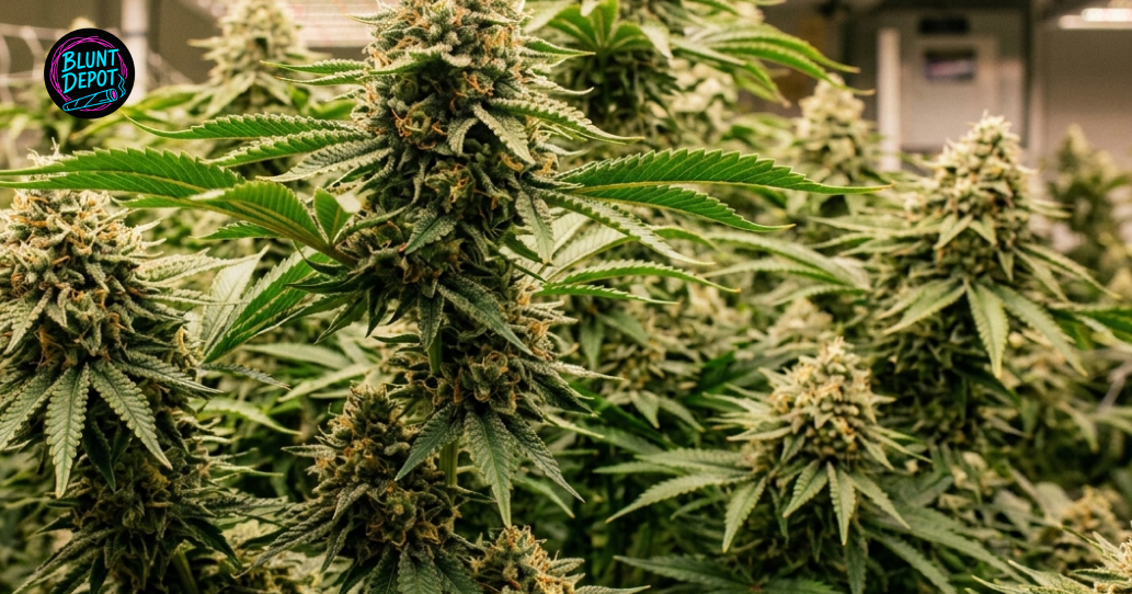 Multiple flowering tops of the sativa-dominant Super Sour Diesel weed strain growing under indoor lights.