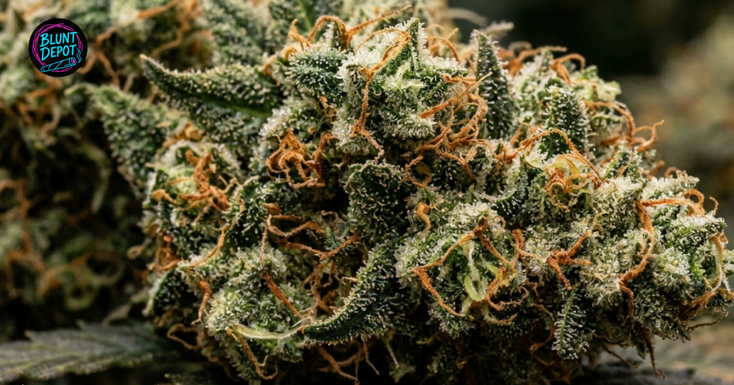Dried and cured flower of the Lamb’s Bread weed strain with abundant orange pistils and frosty texture.