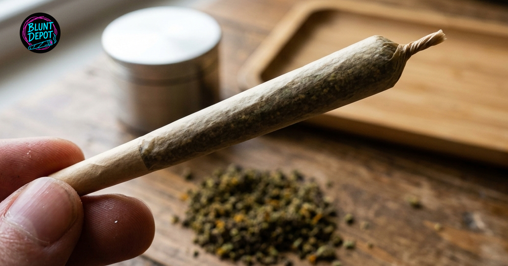 A person holding a cannabis pre-roll filled with ground Mega Z Blue weed strain flower.