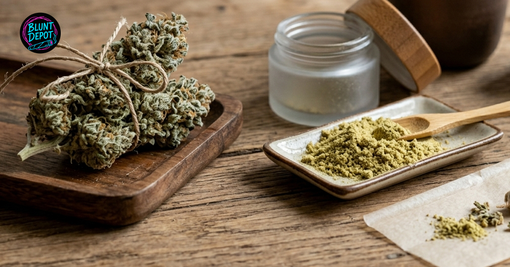 A high-quality cannabis pre-roll held over ground Mob Boss weed strain flower on a wooden tray.