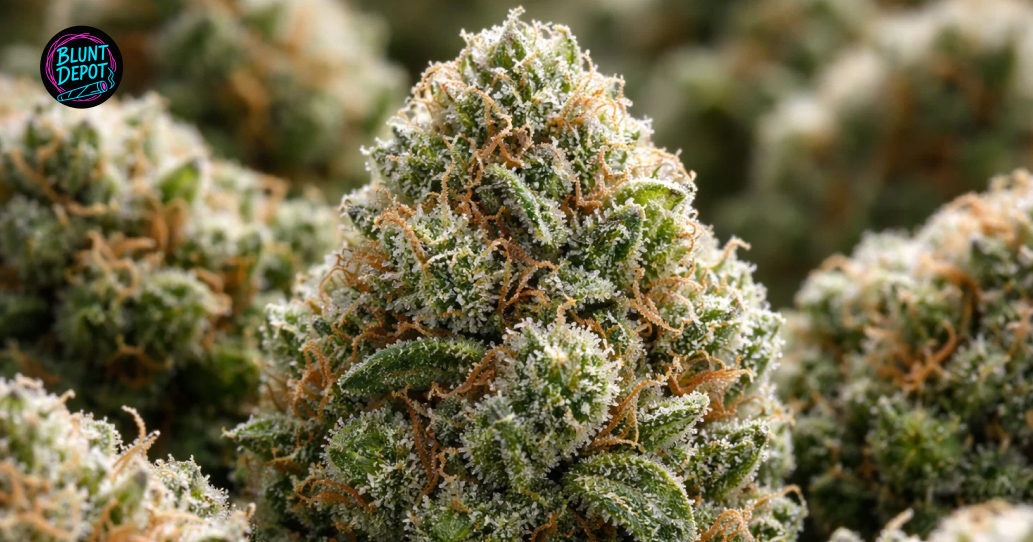 Several harvested Layer Cake strain buds displaying a thick coating of white resin and fiery orange hairs.