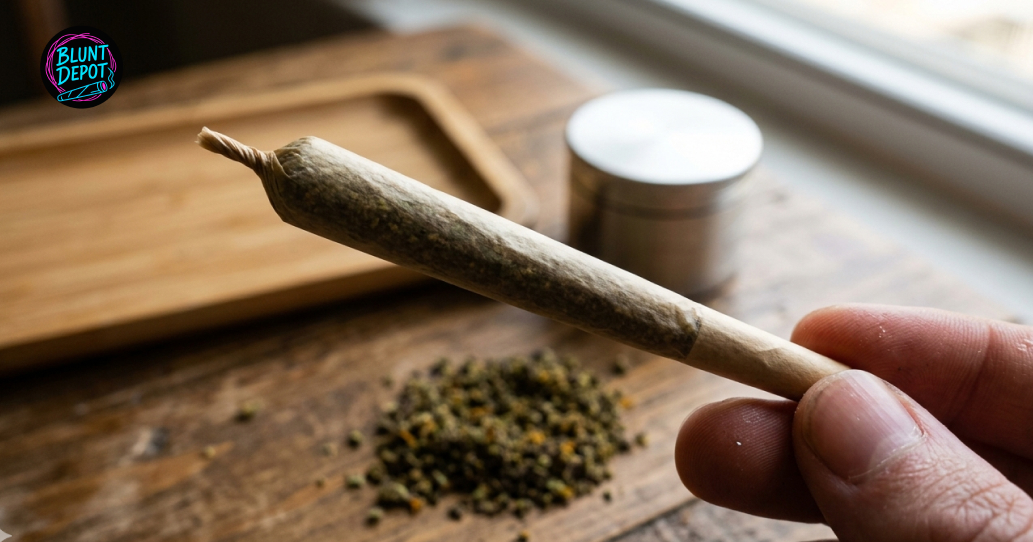 A person holding a cannabis pre-roll filled with freshly ground Laughing Buddha weed strain flower.