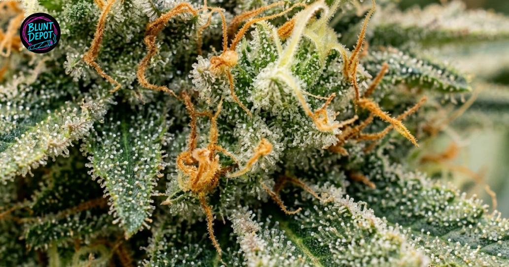 A person holding a cannabis pre-roll filled with freshly ground Orange Creamsicle weed strain flower.