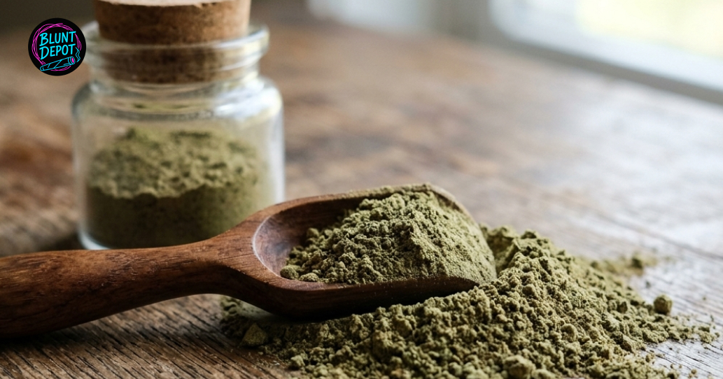 Ground trichomes and kief from the Hawaiian Punch strain being measured with a wooden spoon.