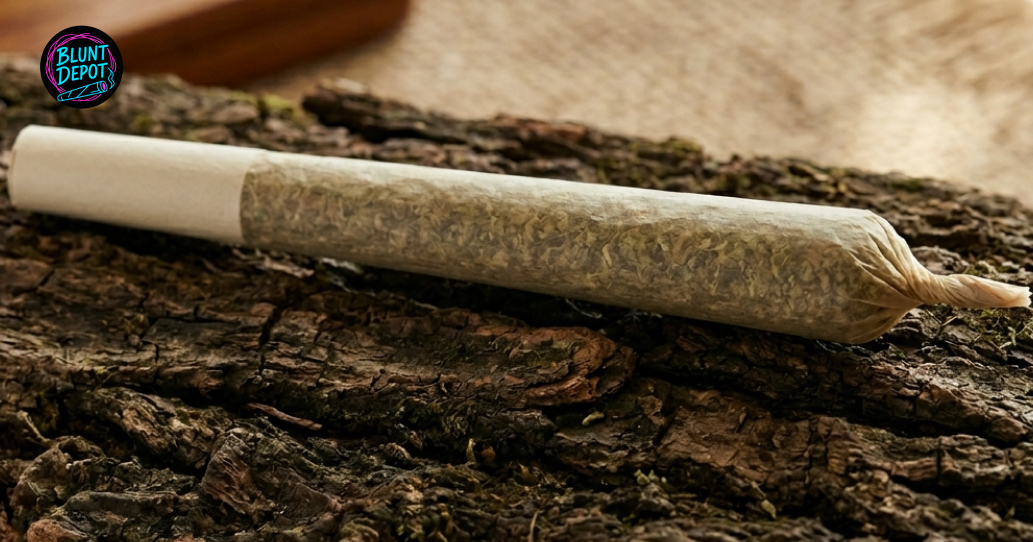 A high-quality pre-rolled joint filled with ground Dirty Girl weed strain cannabis flower on a textured wood background.