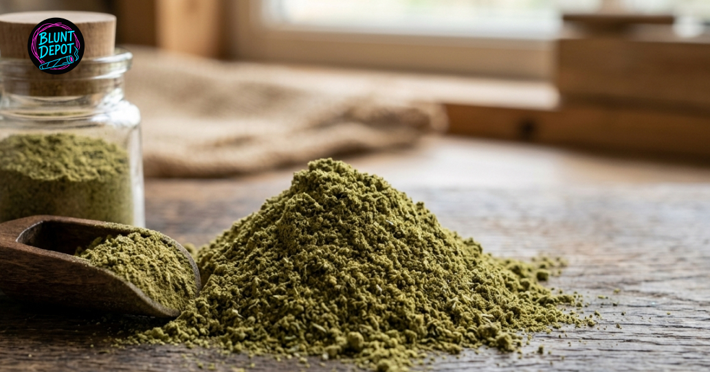 A wooden spoon holding a large amount of green Gushers strain kief next to a glass storage jar.