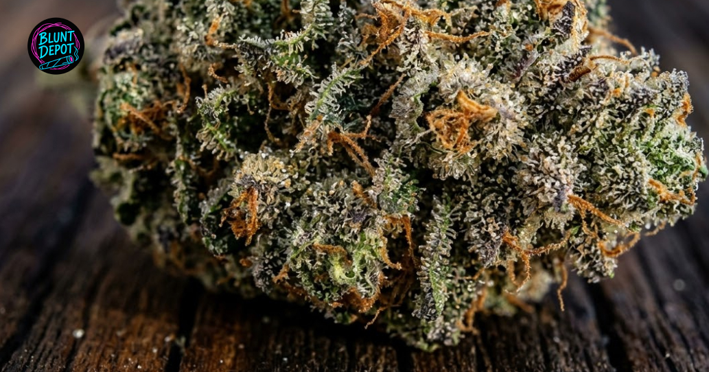 A well-groomed, dried flower of the LA Pop Rocks weed strain resting on a dark wood surface.