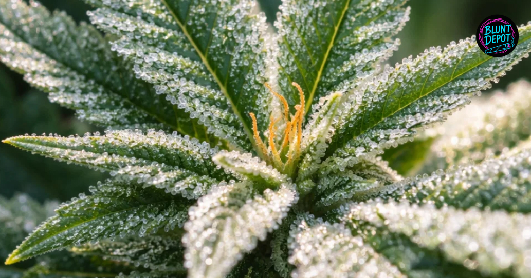 A serrated cannabis leaf from the White 99 strain covered in a heavy layer of sparkling THC crystals.