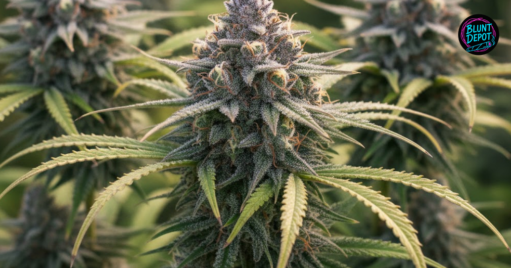 A cannabis sugar leaf from the Lemon Tree strain completely covered in a thick layer of white resinous trichomes.