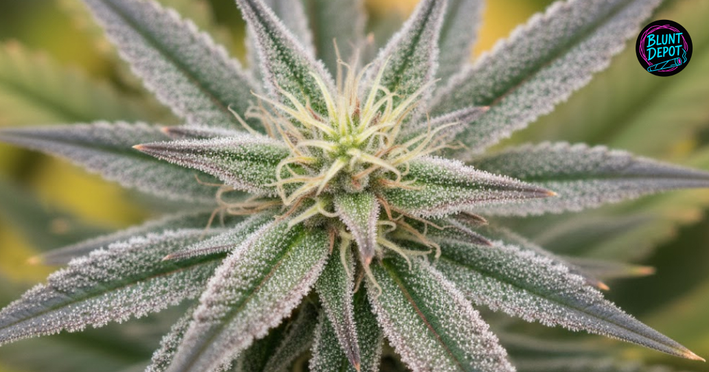 Overhead view of a flowering Phantom Cookies weed strain plant showing frosty sugar leaves and developing calyxes.