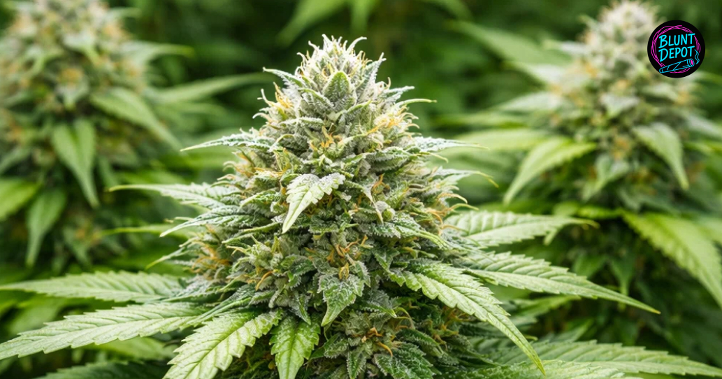 A large, healthy Mango Haze weed strain cola surrounded by other flowering cannabis plants in a bright grow room.