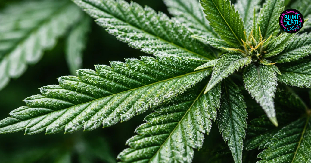 A vibrant green cannabis leaf from a GSC strain plant covered in a thick frost of white trichomes.