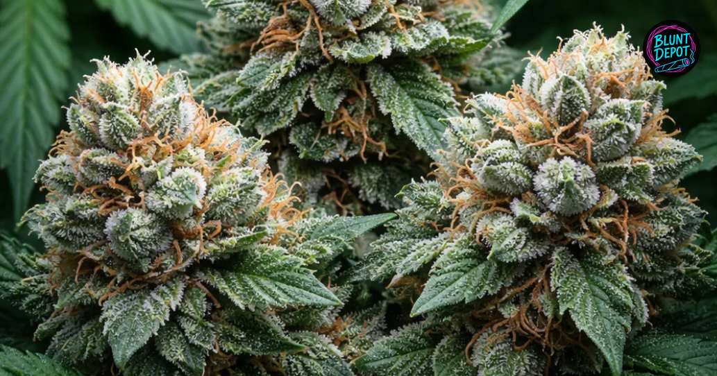 Macro view of a young Sour Jack weed strain bud featuring white pistils and developing resin glands.