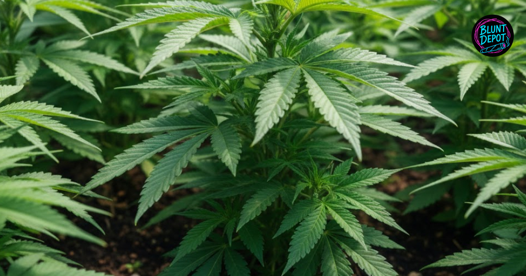Overhead view of a flowering Blue Zkittles weed strain bud with developing white pistils and crystalline resin.