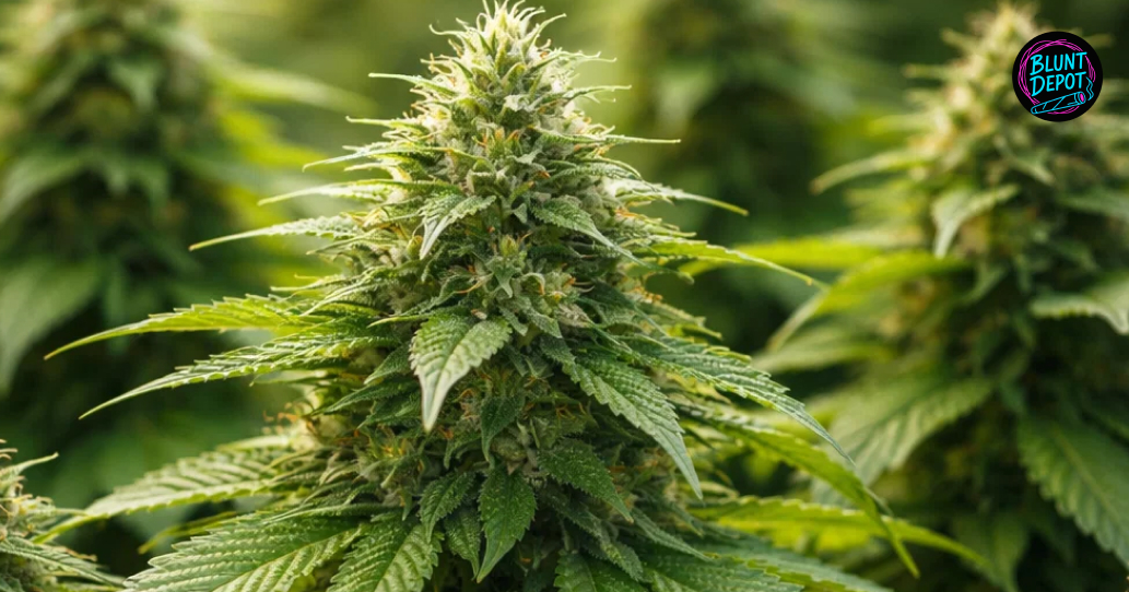 A large, tapering cola of the Jackie Chan weed strain growing in a lush green indoor garden.