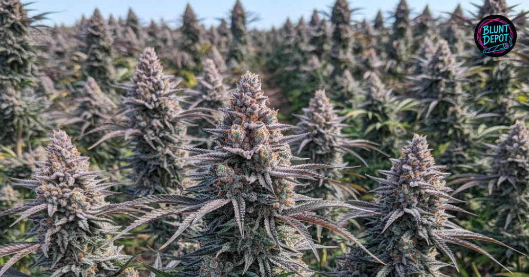 Overhead view of a flowering Chocolope weed strain plant featuring white pistils and developing crystalline colas.