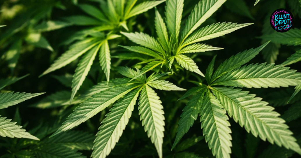 Overhead view of a flowering Devil Driver weed strain bud with developing white pistils and intense crystalline resin.