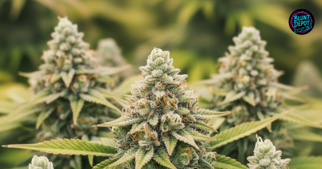 Overhead view of a flowering Tangerine Dream weed strain plant featuring white pistils and intense crystalline resin.