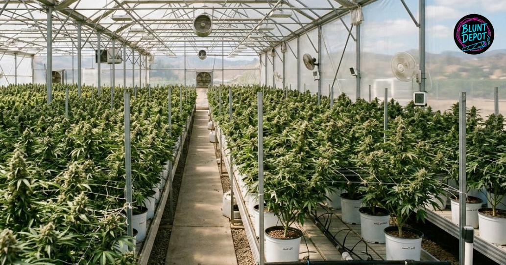 Overhead view of a flowering Wedding Pie weed strain bud with developing white pistils and intense crystalline resin.