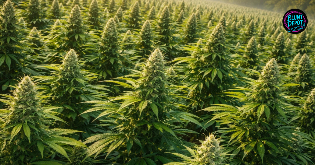 Flowering Sour Zkittles cannabis plants with heavy colas growing under professional LED grow lights.