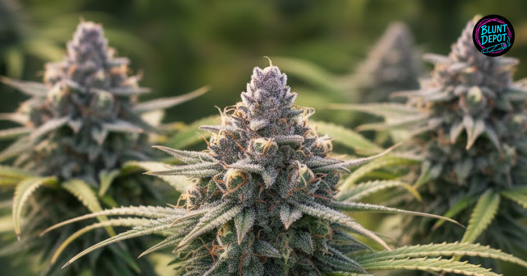 A flowering Gelatti cannabis plant with heavy, frosted colas growing under professional indoor lights.