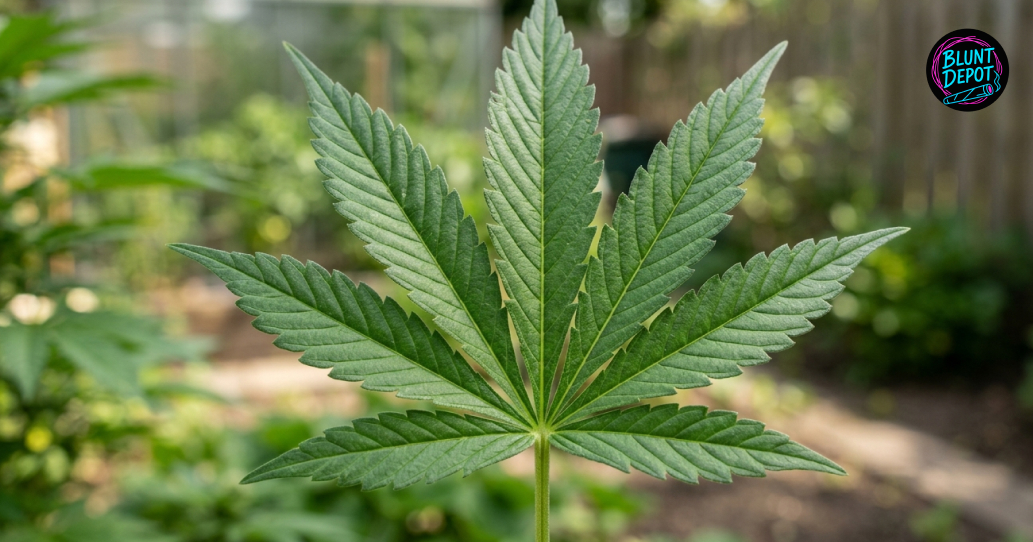 A large, healthy green cannabis leaf from a Moby Dick strain plant in a sunlit garden.