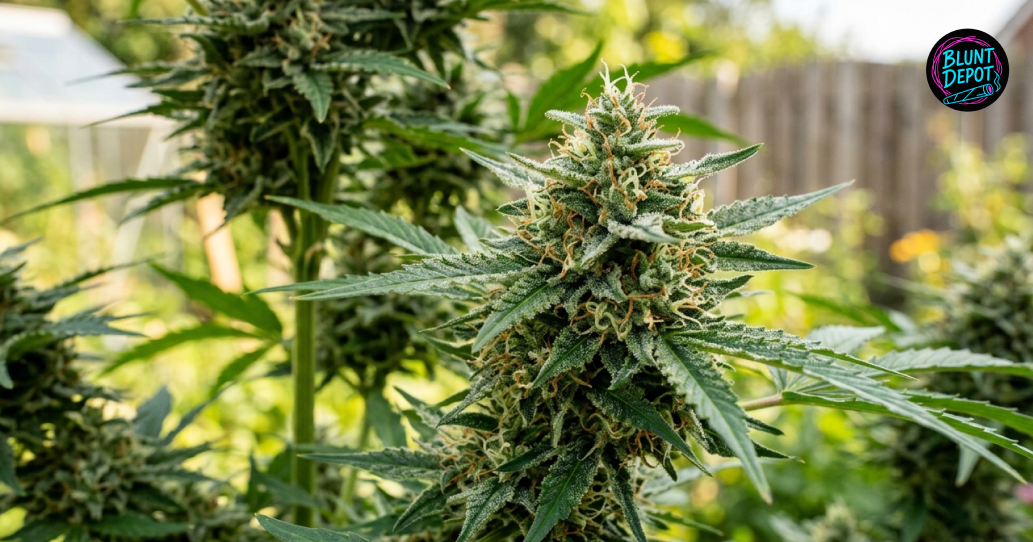 A healthy, multi-fingered green cannabis leaf from a King Tut strain plant in a bright garden.